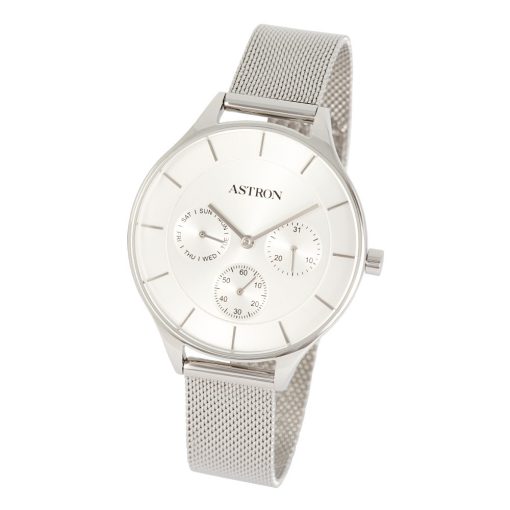 ASTRON 8015-8 elegáns női karóra, ezüst színű nemesacél tok, ezüst színű nemesacél csat, ezüst színű számlap, keményített ásványüveg, multifunkciós quartz szerkezet, cseppmentes vízállóság