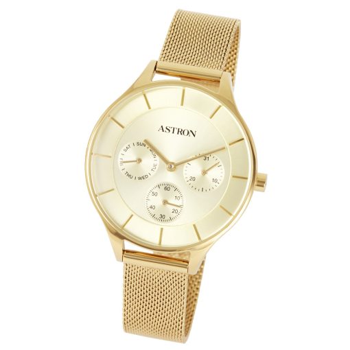 ASTRON 8015-9 elegáns női karóra, arany színű nemesacél tok, multifunkciós, arany színű nemesacél csat, arany színű számlap, keményített ásványüveg, multifunkciós quartz szerkezet, cseppmentes vízállóság
