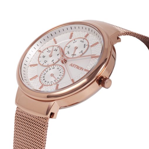 ASTRON 8017-0 divatos női karóra, rózsaarany színű nemesacél tok, rózsaarany színű nemesacél csat, fehér számlap, keményített ásványüveg, quartz szerkezet, cseppmentes vízállóság