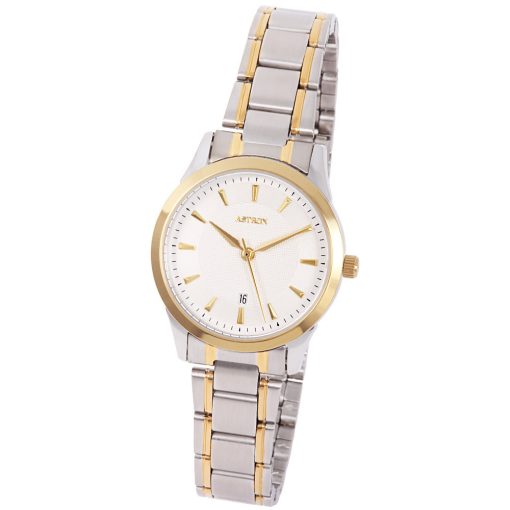 ASTRON 8018-8 elegáns női karóra, bicolor nemesacél tok, bicolor nemesacél csat, fehér számlap, keményített ásványüveg, quartz szerkezet, cseppmentes vízállóság
