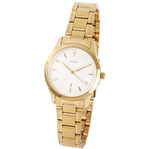 ASTRON 8018-9 elegáns női karóra, arany színű nemesacél tok, arany színű nemesacél csat, fehér számlap, keményített ásványüveg, quartz szerkezet, cseppmentes vízállóság