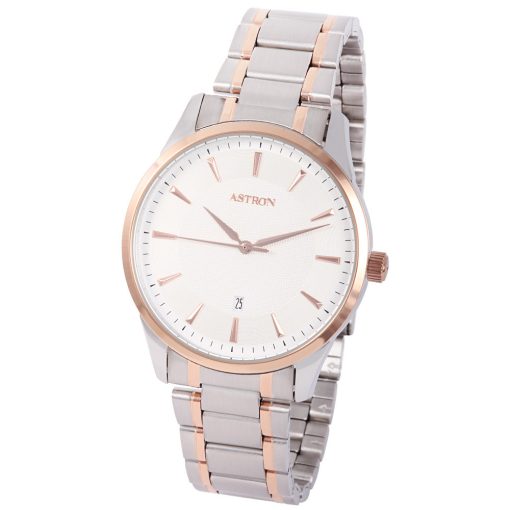 ASTRON 8019-0 elegáns férfi karóra, bicolor nemesacél tok, bicolor nemesacél csat, fehér számlap, keményített ásványüveg, quartz szerkezet, cseppmentes vízállóság