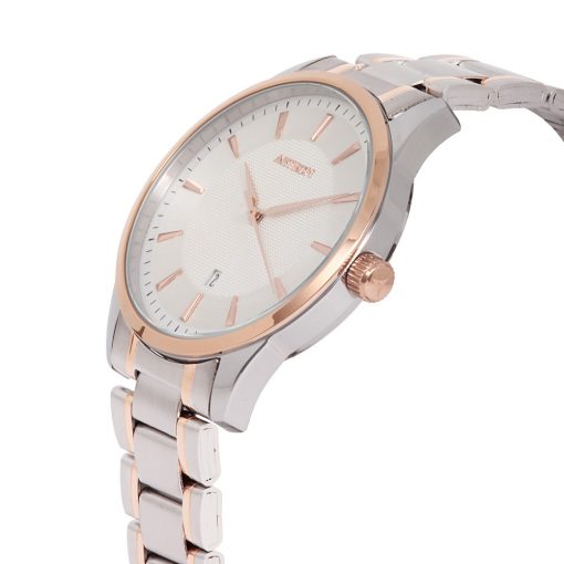 ASTRON 8019-0 elegáns férfi karóra, bicolor nemesacél tok, bicolor nemesacél csat, fehér számlap, keményített ásványüveg, quartz szerkezet, cseppmentes vízállóság