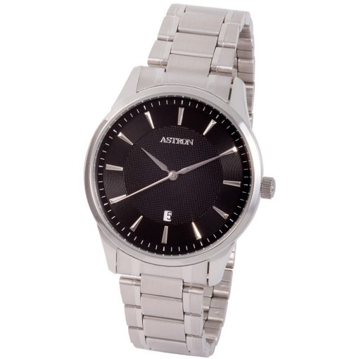 ASTRON 8019-1 elegáns férfi karóra, ezüst színű nemesacél tok, ezüst színű nemesacél csat, fekete számlap, keményített ásványüveg, quartz szerkezet, cseppmentes vízállóság