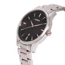 ASTRON 8019-1 elegáns férfi karóra, ezüst színű nemesacél tok, ezüst színű nemesacél csat, fekete számlap, keményített ásványüveg, quartz szerkezet, cseppmentes vízállóság