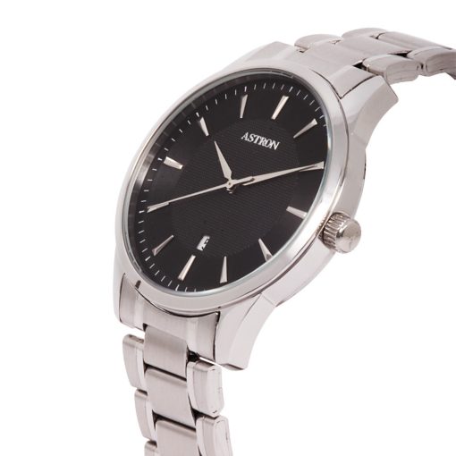 ASTRON 8019-1 elegáns férfi karóra, ezüst színű nemesacél tok, ezüst színű nemesacél csat, fekete számlap, keményített ásványüveg, quartz szerkezet, cseppmentes vízállóság