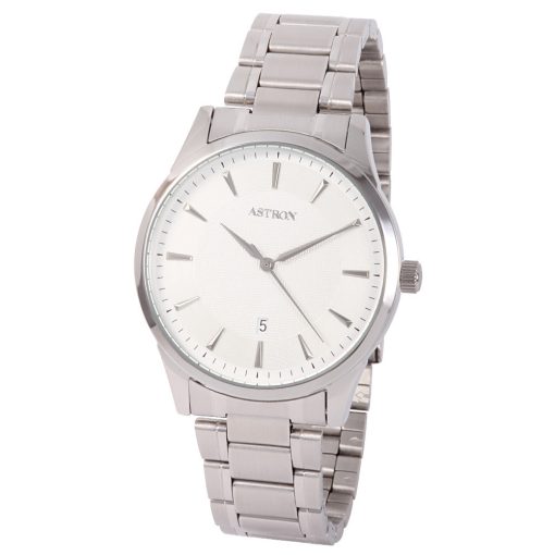 ASTRON 8019-7 elegáns férfi karóra, ezüst színű nemesacél tok, ezüst színű nemesacél csat, fehér számlap, keményített ásványüveg, quartz szerkezet, cseppmentes vízállóság