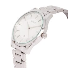 ASTRON 8019-7 elegáns férfi karóra, ezüst színű nemesacél tok, ezüst színű nemesacél csat, fehér számlap, keményített ásványüveg, quartz szerkezet, cseppmentes vízállóság