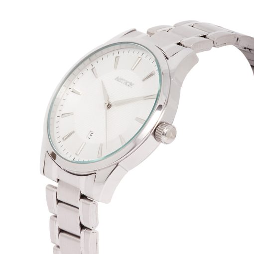 ASTRON 8019-7 elegáns férfi karóra, ezüst színű nemesacél tok, ezüst színű nemesacél csat, fehér számlap, keményített ásványüveg, quartz szerkezet, cseppmentes vízállóság