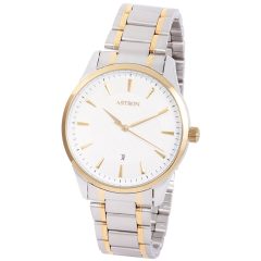   ASTRON 8019-8 elegáns férfi karóra, bicolor nemesacél tok, bicolor nemesacél csat, fehér számlap, keményített ásványüveg, quartz szerkezet, cseppmentes vízállóság