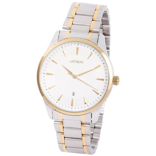 ASTRON 8019-8 elegáns férfi karóra, bicolor nemesacél tok, bicolor nemesacél csat, fehér számlap, keményített ásványüveg, quartz szerkezet, cseppmentes vízállóság