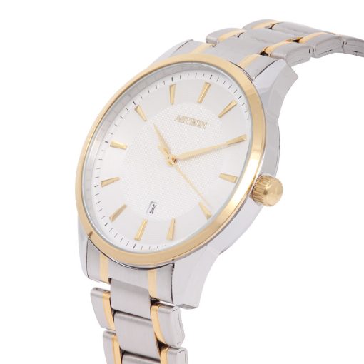 ASTRON 8019-8 elegáns férfi karóra, bicolor nemesacél tok, bicolor nemesacél csat, fehér számlap, keményített ásványüveg, quartz szerkezet, cseppmentes vízállóság