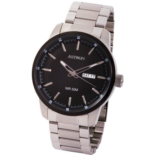 ASTRON 8020-1 sportos férfi karóra, ezüst és fekete színű nemesacél tok, ezüst színű nemesacél csat, fekete számlap, keményített ásványüveg, quartz szerkezet, 50 m (5 ATM) vízállóság