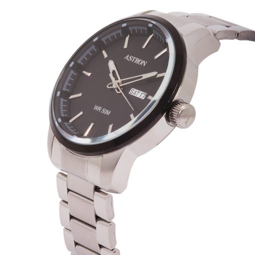 ASTRON 8020-1 sportos férfi karóra, ezüst és fekete színű nemesacél tok, ezüst színű nemesacél csat, fekete számlap, keményített ásványüveg, quartz szerkezet, 50 m (5 ATM) vízállóság