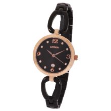 ASTRON 8021-1 női karóra, ékszeróra, rózsaarany színű nemesacél tok, fekete nemesacél csat, fekete számlap, keményített ásványüveg, quartz szerkezet, cseppmentes vízállóság