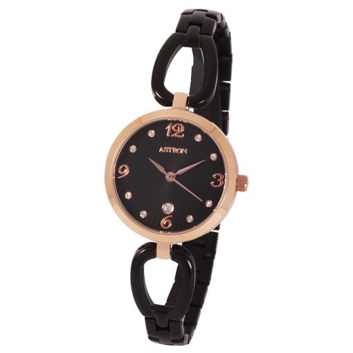 ASTRON 8021-1 női karóra, ékszeróra, rózsaarany színű nemesacél tok, fekete nemesacél csat, fekete számlap, keményített ásványüveg, quartz szerkezet, cseppmentes vízállóság