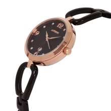 ASTRON 8021-1 női karóra, ékszeróra, rózsaarany színű nemesacél tok, fekete nemesacél csat, fekete számlap, keményített ásványüveg, quartz szerkezet, cseppmentes vízállóság