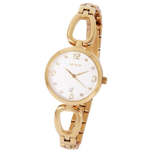ASTRON 8021-7 női karóra, ékszeróra, arany színű nemesacél tok, arany színű nemesacél csat, fehér számlap, keményített ásványüveg, quartz szerkezet, cseppmentes vízállóság