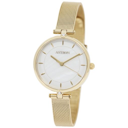 ASTRON 8022-9 női karóra, ékszeróra, arany színű nemesacél tok, arany színű nemesacél csat, gyöngyház színű számlap, keményített ásványüveg, quartz szerkezet, cseppmentes vízállóság