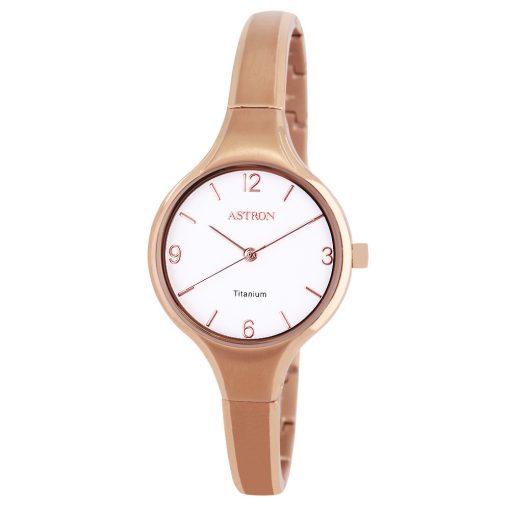 ASTRON 8023-0 női karóra, ékszeróra, rózsaarany színű titánium tok, rózsaarany színű titánium csat, fehér számlap, keményített ásványüveg, quartz szerkezet, cseppmentes vízállóság