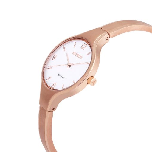 ASTRON 8023-0 női karóra, ékszeróra, rózsaarany színű titánium tok, rózsaarany színű titánium csat, fehér számlap, keményített ásványüveg, quartz szerkezet, cseppmentes vízállóság