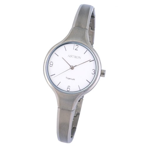 ASTRON 8023-7 női karóra, ékszeróra, ezüst színű titánium tok, ezüst színű titánium csat, fehér számlap, keményített ásványüveg, quartz szerkezet, cseppmentes vízállóság