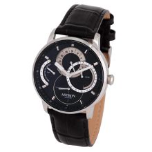 ASTRON 8026-1 férfi karóra, ezüst színű nemesacél tok, fekete bőrszíj, fekete számlap, zafírüveg, quartz szerkezet, cseppmentes vízállóság