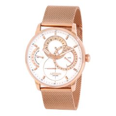   ASTRON 8026-5 férfi karóra, rózsaarany színű nemesacél tok, rózsaarany színű milánó nemesacéli csat, fehér számlap, zafírüveg, quartz szerkezet, cseppmentes vízállóság