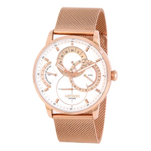 ASTRON 8026-5 férfi karóra, rózsaarany színű nemesacél tok, rózsaarany színű milánó nemesacéli csat, fehér számlap, zafírüveg, quartz szerkezet, cseppmentes vízállóság