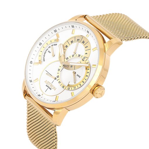 ASTRON 8026-6 férfi karóra, arany színű nemesacél tok, arany színű milánói nemesacél csat, fehér számlap, zafírüveg, quartz szerkezet, cseppmentes vízállóság