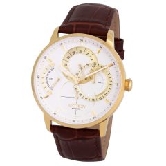   ASTRON 8026-7 férfi karóra, arany színű nemesacél tok, barna bőrszíj, fehér számlap, zafírüveg, quartz szerkezet, cseppmentes vízállóság