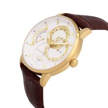 ASTRON 8026-7 férfi karóra, arany színű nemesacél tok, barna bőrszíj, fehér számlap, zafírüveg, quartz szerkezet, cseppmentes vízállóság