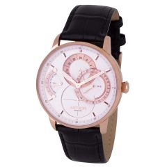   ASTRON 8026-8 férfi karóra, rózsaarany színű nemesacél tok, fekete bőrszíj, fehér számlap, zafírüveg, quartz szerkezet, cseppmentes vízállóság