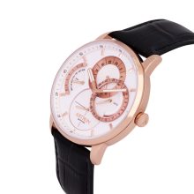 ASTRON 8026-8 férfi karóra, rózsaarany színű nemesacél tok, fekete bőrszíj, fehér számlap, zafírüveg, quartz szerkezet, cseppmentes vízállóság