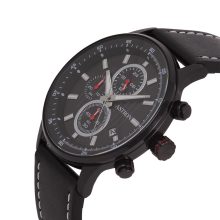 ASTRON 8030-1 sportos férfi karóra, chronograph, fekete színű nemesacél tok, fekete bőrszíj, fekete számlap, keményített ásványüveg, quartz szerkezet, 100 m (10 ATM) vízállóság