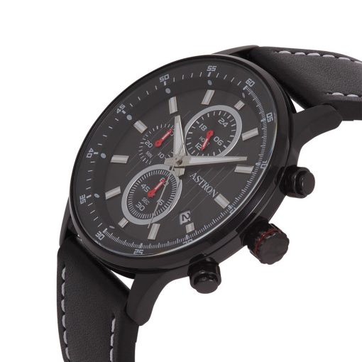ASTRON 8030-1 sportos férfi karóra, chronograph, fekete színű nemesacél tok, fekete bőrszíj, fekete számlap, keményített ásványüveg, quartz szerkezet, 100 m (10 ATM) vízállóság