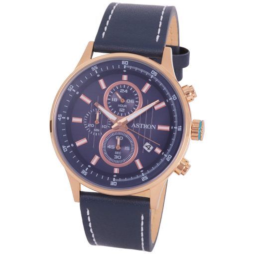 ASTRON 8030-2 sportos férfi karóra, chronograph, rózsaarany színű nemesacél tok, kék bőrszíj, kék számlap, keményített ásványüveg, quartz szerkezet, 100 m (10 ATM) vízállóság