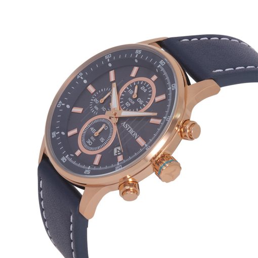 ASTRON 8030-2 sportos férfi karóra, chronograph, rózsaarany színű nemesacél tok, kék bőrszíj, kék számlap, keményített ásványüveg, quartz szerkezet, 100 m (10 ATM) vízállóság
