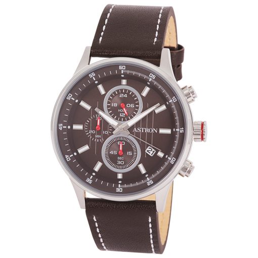 ASTRON 8030-5 sportos férfi karóra, chronograph, ezüst színű nemesacél tok, barna bőrszíj, barna számlap, keményített ásványüveg, quartz szerkezet, 100 m (10 ATM) vízállóság