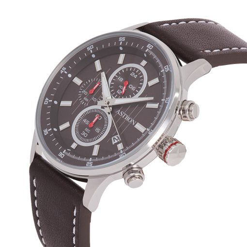 ASTRON 8030-5 sportos férfi karóra, chronograph, ezüst színű nemesacél tok, barna bőrszíj, barna számlap, keményített ásványüveg, quartz szerkezet, 100 m (10 ATM) vízállóság