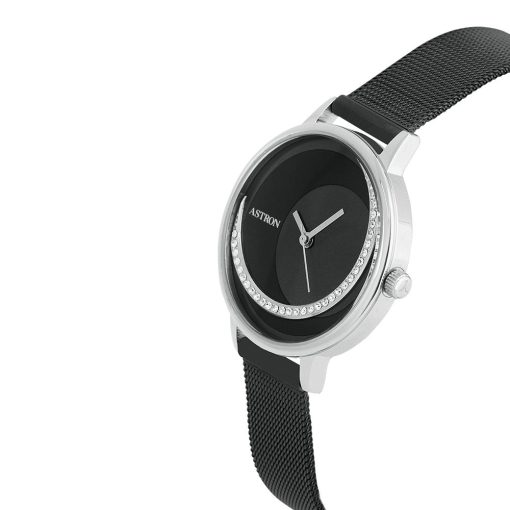 ASTRON 8032-1 női karóra, ékszeróra, fekete színű nemesacél tok, fekete színű nemesacél csat, különleges számlap, keményített ásványüveg, quartz szerkezet, cseppmentes vízállóság