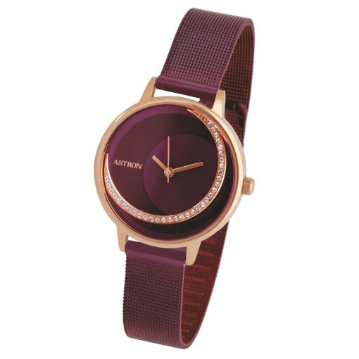 ASTRON 8032-3 női karóra, ékszeróra, rózsaarany színű nemesacél tok, lila nemesacél csat, lila számlap, keményített ásványüveg, quartz szerkezet, cseppmentes vízállóság