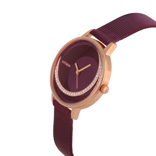 ASTRON 8032-3 női karóra, ékszeróra, rózsaarany színű nemesacél tok, lila nemesacél csat, lila számlap, keményített ásványüveg, quartz szerkezet, cseppmentes vízállóság