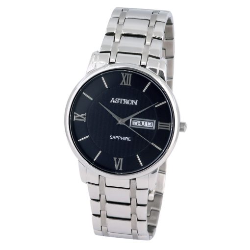 ASTRON 8036-1 férfi karóra, ezüst színű nemesacél tok, ezüst színű nemesacél csat, fekete számlap, zafírüveg, quartz szerkezet, cseppmentes vízállóság
