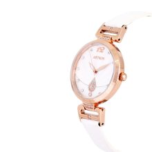 ASTRON 8037-0 női karóra, ékszeróra, rózsaarany színű nemesacél tok, fehér színű bőrszíj, fehér színű számlap, keményített ásványüveg, quartz szerkezet, cseppmentes vízállóság