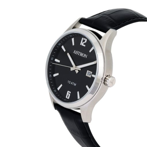 ASTRON 8039-1 férfi karóra, ezüst színű nemesacél tok, fekete bőrszíj, fekete számlap, keményített ásványüveg, quartz szerkezet, 100 m (10 ATM) vízállóság