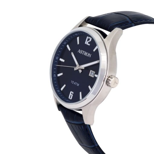 ASTRON 8039-2 férfi karóra, ezüst színű nemesacél tok, kék bőrszíj, kék számlap, keményített ásványüveg, quartz szerkezet, 100 m (10 ATM) vízállóság