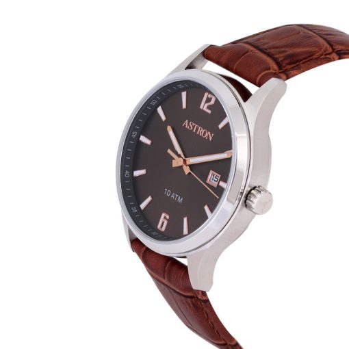 ASTRON 8039-5 férfi karóra, ezüst színű nemesacél tok, barna bőrszíj, szürke számlap, keményített ásványüveg, quartz szerkezet, 100 m (10 ATM) vízállóság
