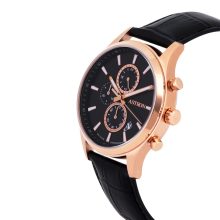 ASTRON 8040-0 férfi karóra, chronograph, rózsaarany színű nemesacél tok, fekete bőrszíj, fekete számlap, keményített ásványüveg, quartz szerkezet, 100 m (10 ATM) vízállóság