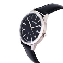 ASTRON 8043-1 férfi karóra, ezüst színű titánium tok, fekete bőrszíj, fekete számlap, keményített ásványüveg, quartz szerkezet, 50 m (5 ATM) vízállóság